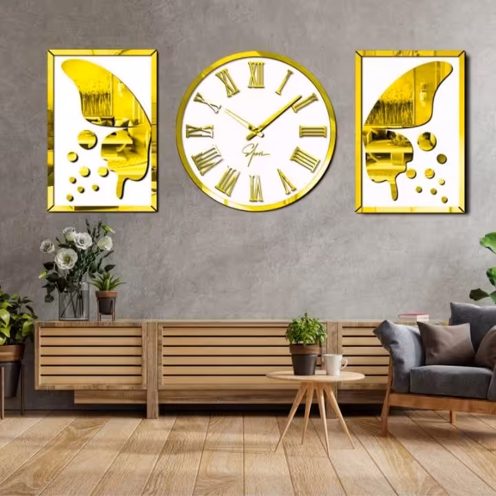 ساعت دیواری  همراه تابلو پر پروانه کد m11