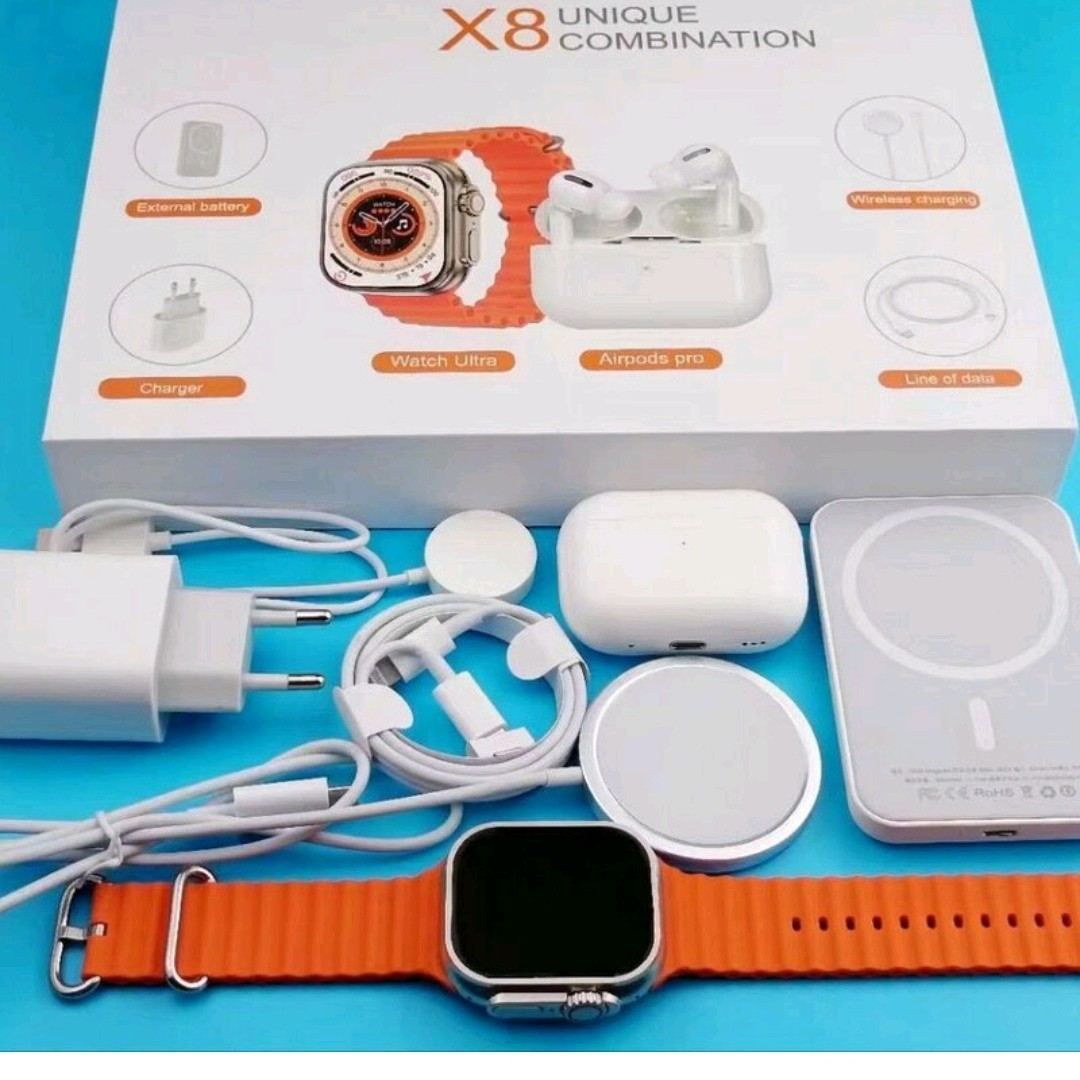 یک ساعت هوشمند اولترا با ایرپاد ، پاور بانک،اداپتور ،شارژرو ایرلس و...
