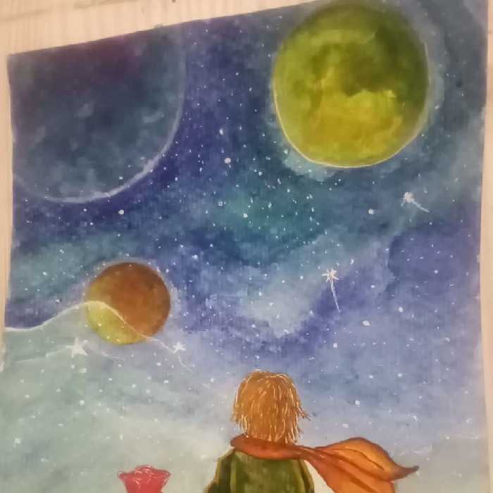 تابلو نقاشی شازده کوچولو و گل  در سایز آ4 کار با مدادرنگ هست