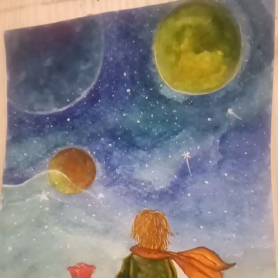 تابلو نقاشی شازده کوچولو و گل  در سایز آ4 کار با مدادرنگ هست