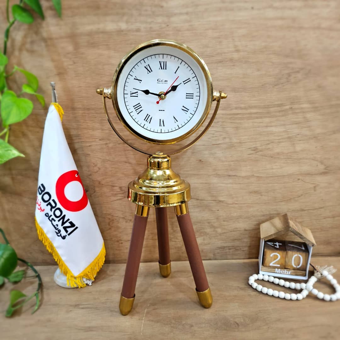 ساعت رومیزی سه پایه ترکیب فلز آبکاری و چوب