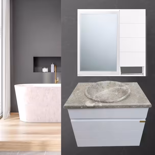 روشویی کابینتی دیواری سفید سایز 50 با سنگ طبیعی توکار طوسی همراه آینه باکس (پس کرایه)
