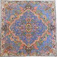 رومیزی مربع ترمه ابریشم کد TRM149 نفیس رنگ آبی نفتی آستر آبی مغزی دوزی