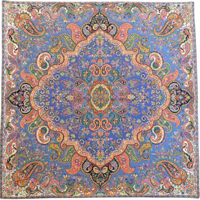 رومیزی مربع ترمه ابریشم کد TRM149 نفیس رنگ آبی نفتی آستر آبی مغزی دوزی