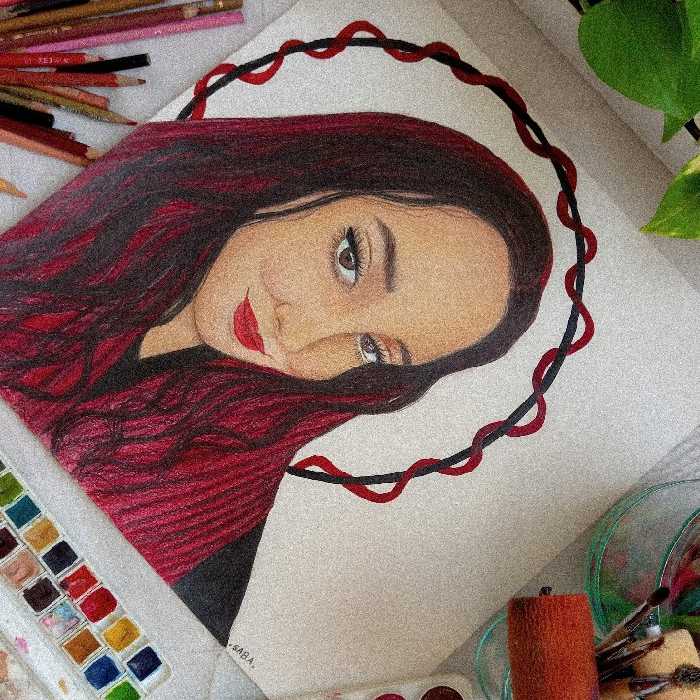 نقاشی چهره با تکنیک مدادرنگی در سایز a4