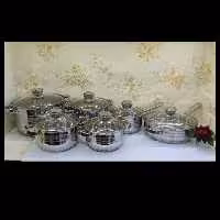 سرویس قابلمه استیل نقره ای 12 پارچه کف چدن آهنربا نگیر درب شیشه ای کرکماز