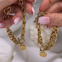 دستبند کارتیر زنانه دخترانه دو لاین استیل رنگ ثابت آویز دار سکه الیزابت با قفل تی 