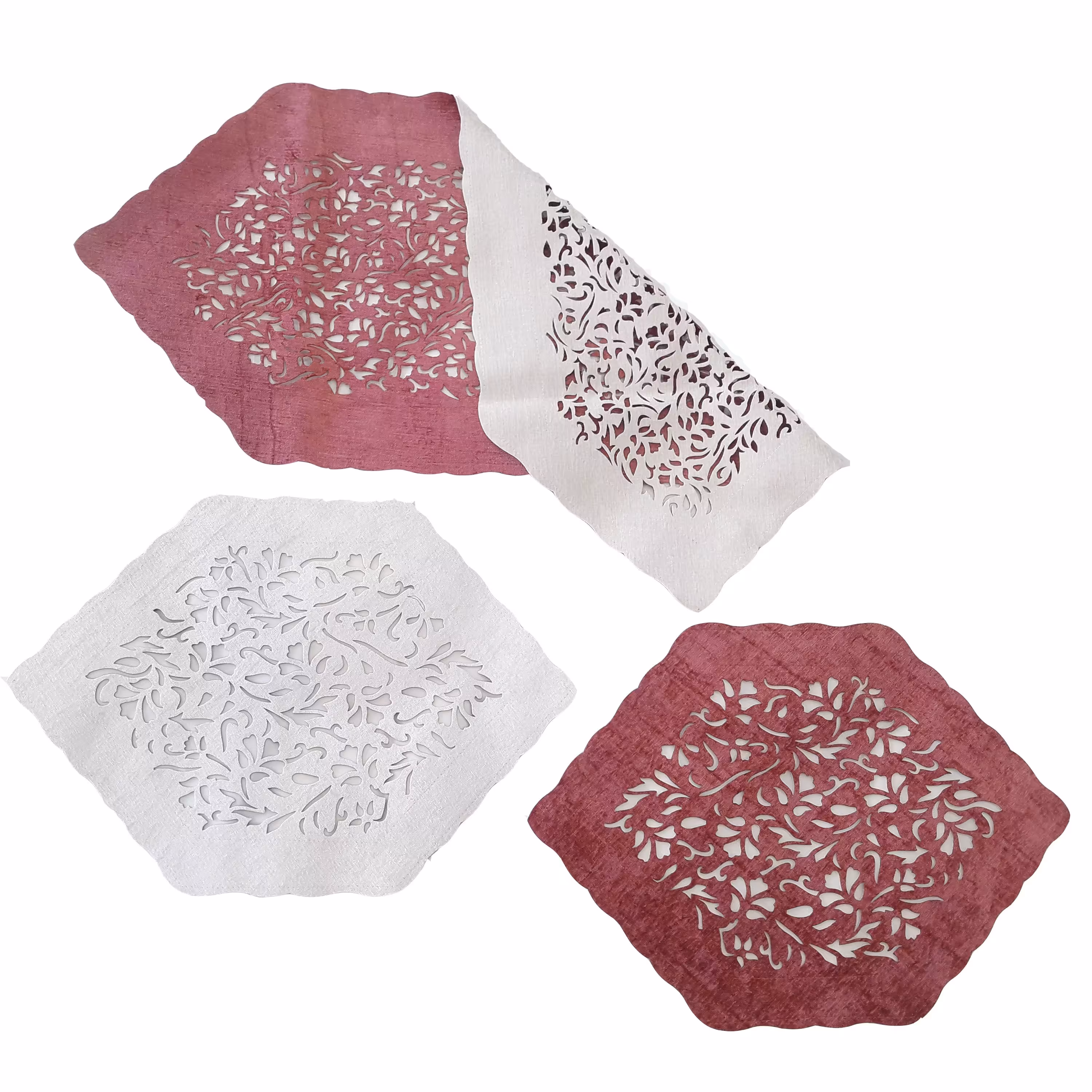 ست رومیزی 3 تکه مخمل هویه دورو زرشکی- کرم(کد40048)