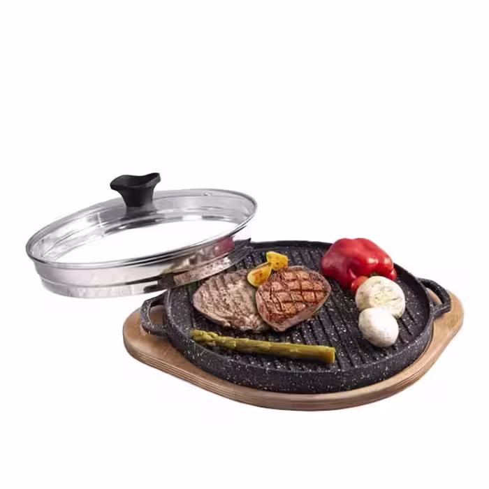 تابه گریل چدن گرد کوچک با دسته چوبی مدل UN-6005 | کیفیت عالی