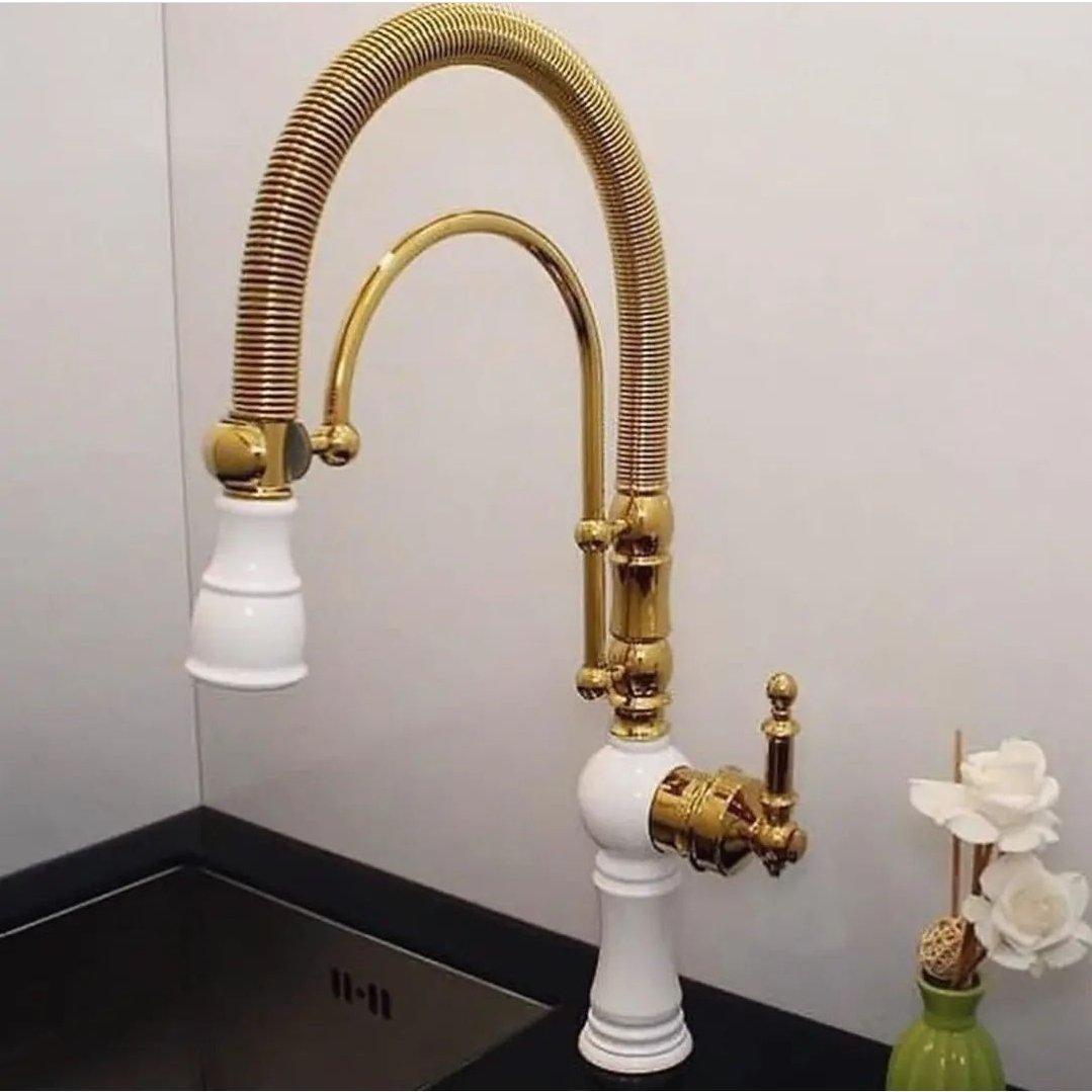 شیرالات شیر ظرفشویی فنری رنگ سفید طلا جنس درجه 1 و استاندارد ودارای نشان کیفیت ایزوو 9001