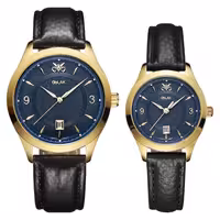 ست ساعت مچی عقربه ای زنانه و مردانه اوبلاک مدل 72699 رنگ طلایی صفحه سورمه ای