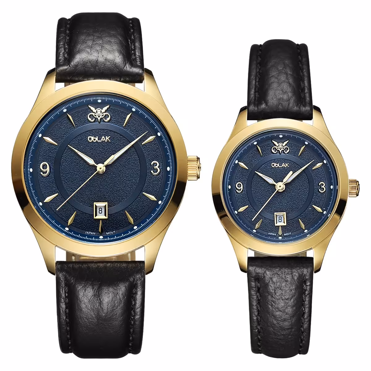 ست ساعت مچی عقربه ای زنانه و مردانه اوبلاک مدل 72699 رنگ طلایی صفحه سورمه ای