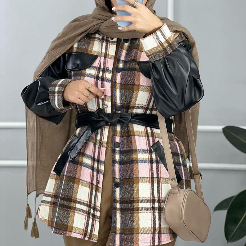 مانتو چهارخونه پشمی و چرم وارداتی شیک زنانه