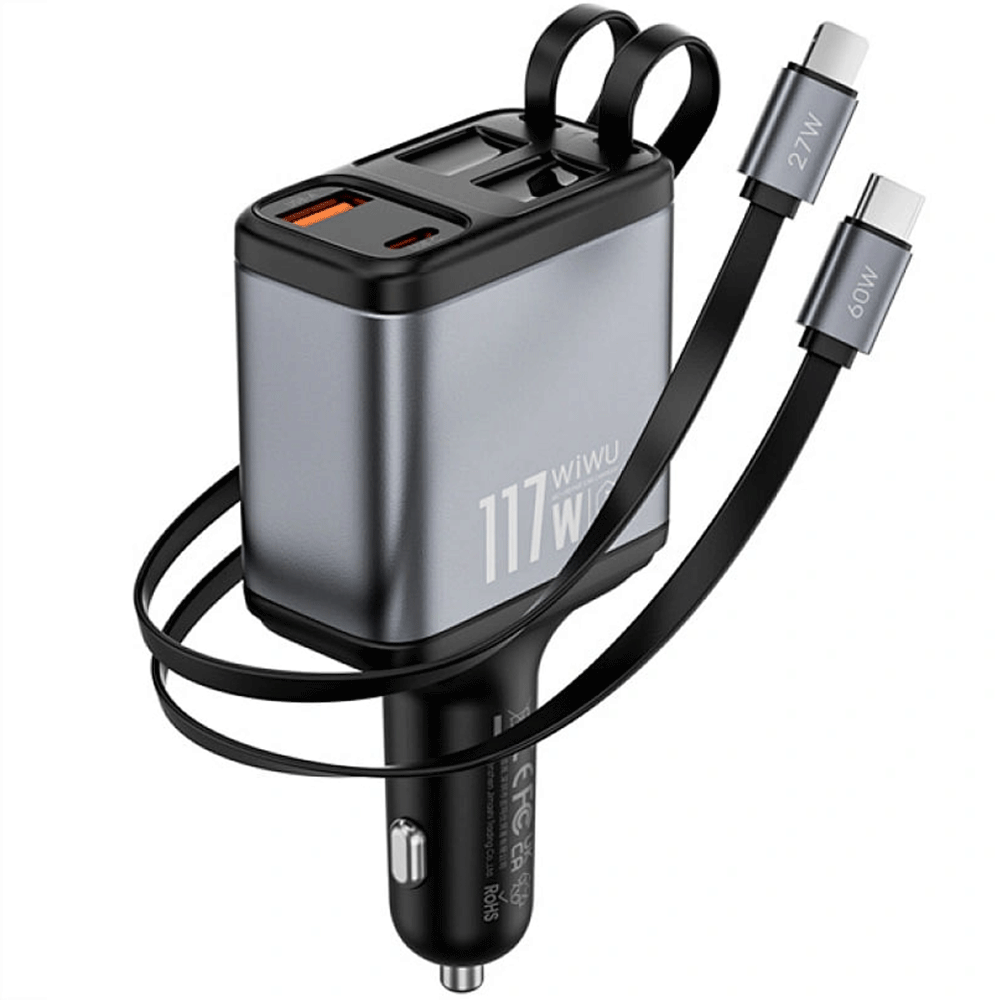 شارژر فندکی لایتنینگ، یو اس بی و تایپ سی 117 وات با کابل جمع شونده ویوو WI-QC027