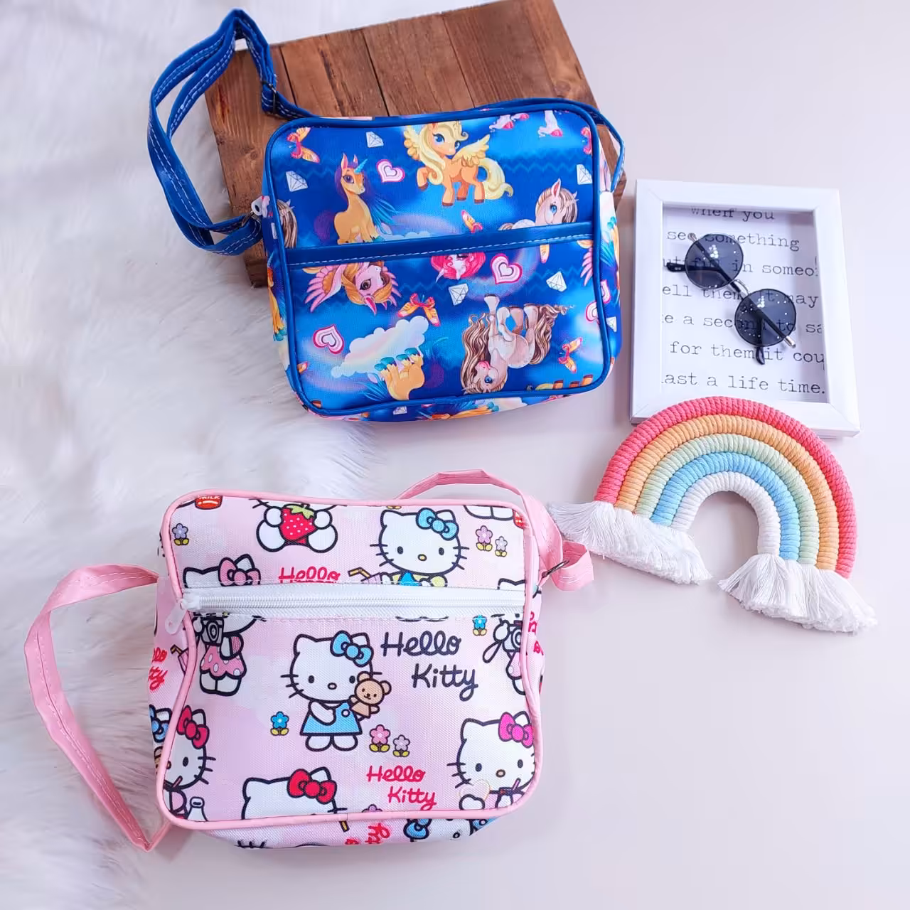 کیف دخترانه بچگانه مدل کج و دوشی دو رنگ آبی و صورتی