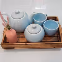 ست قوری قندان و فنجان لعابی آبی پاستلی 