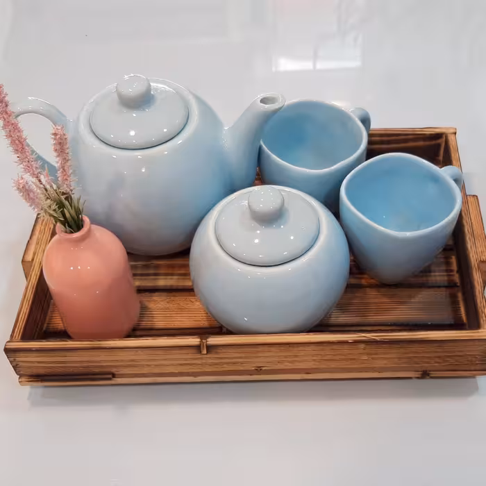 ست قوری قندان و فنجان لعابی آبی پاستلی 