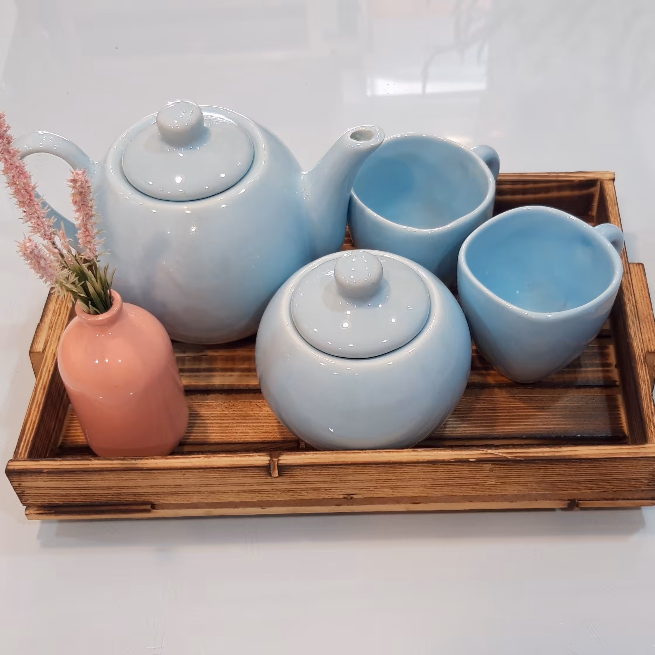 ست قوری قندان و فنجان لعابی آبی پاستلی 