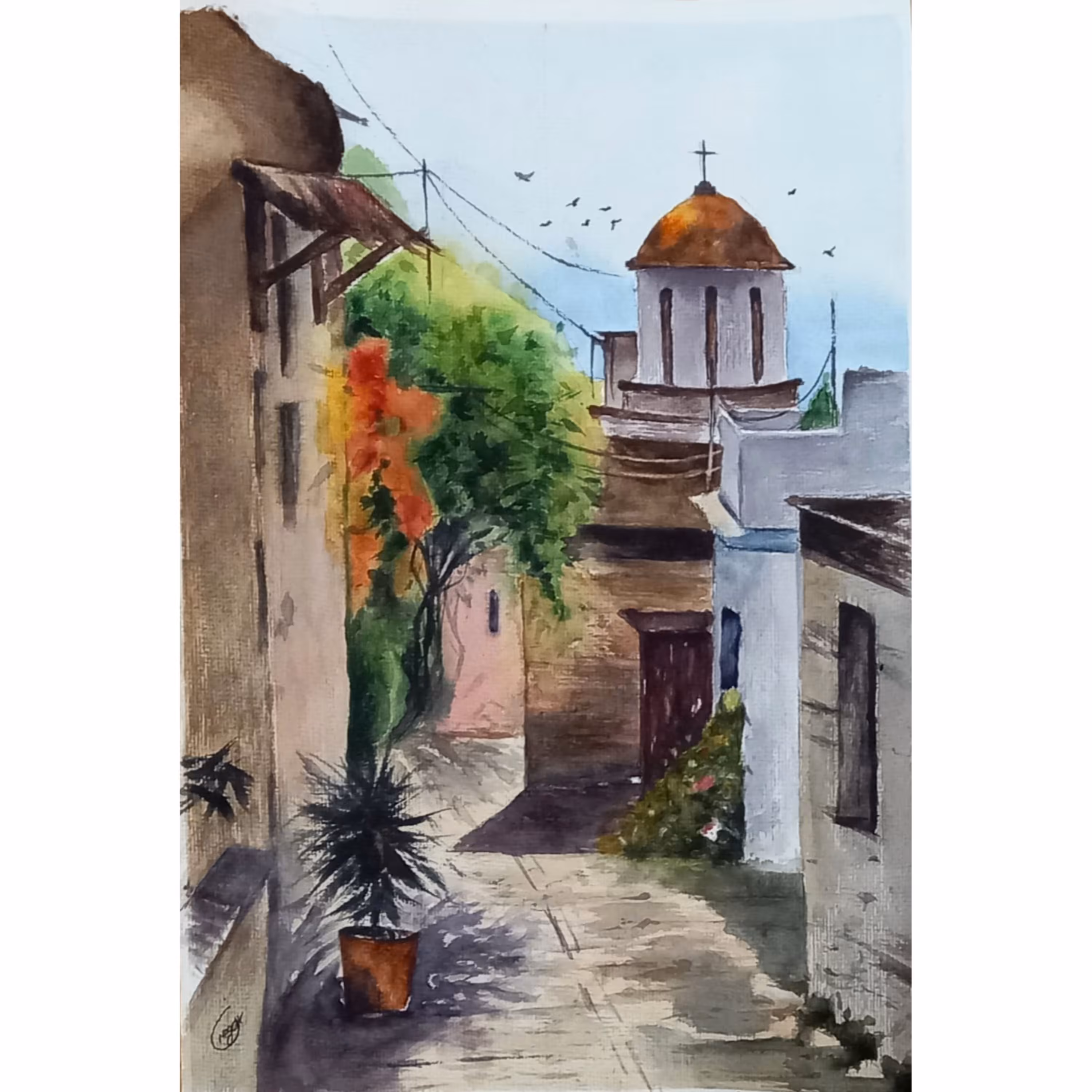 تابلو نقاشی آبرنگ طرح فضای شهری اروپا و کلیسای قدیمی