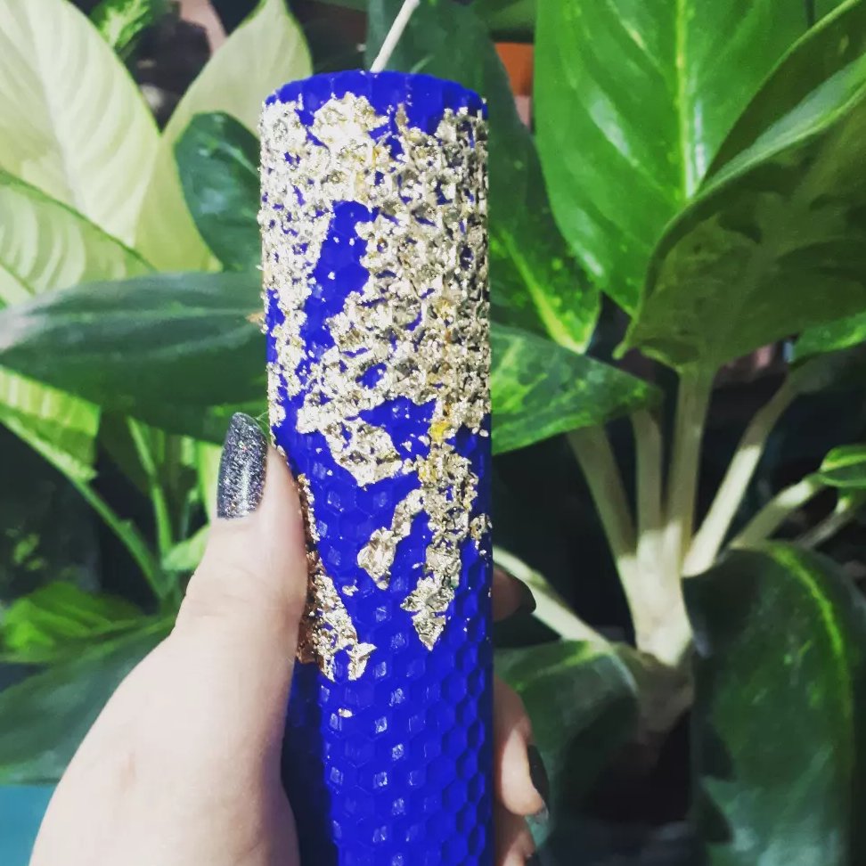 موم عسلی ورق طلاخورده آبی کاربنی ارتفاع18قطر4