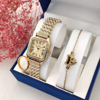 ساعت زنانه مجلسی طلایی همراه با دستبند و انگشتر
