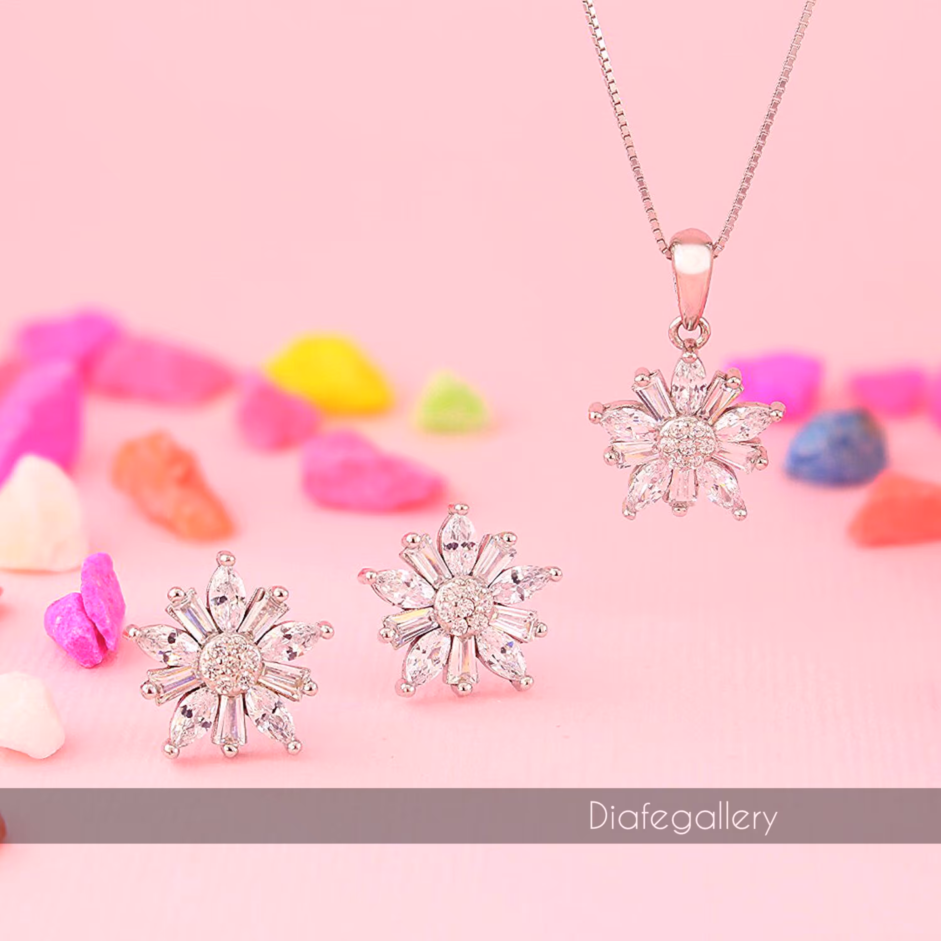 نیم ست نقره با زنجیر مدل بابونه طرح جواهر نقره ایتالیا عیار 925 با فاکتور 