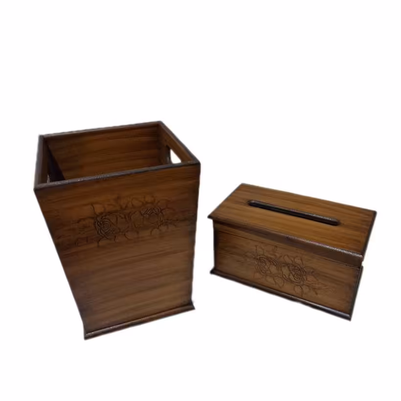 ست جادستمال کاغذی و سطل زباله قهوه ای طرح منبت گل سرخ