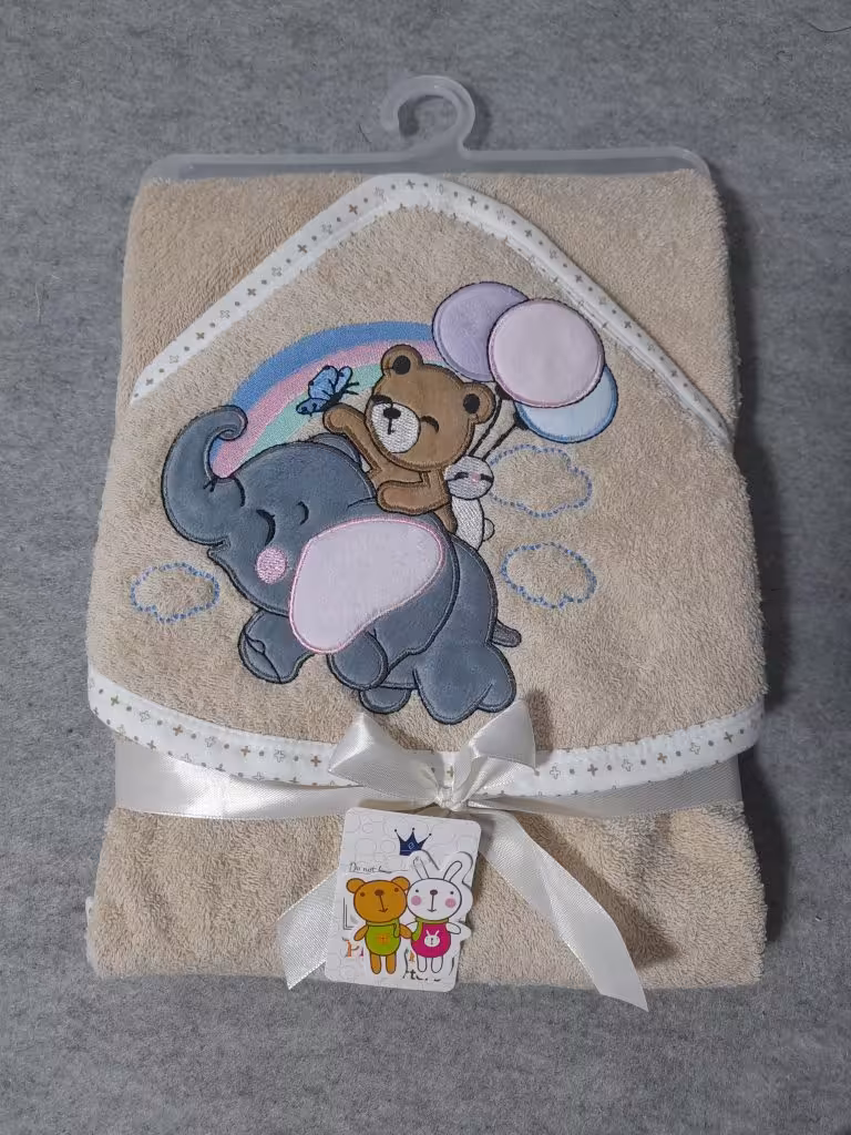 ست دوتکه حوله و لیف گلدوزی پرنس فیل خرس بادکنکی کرم