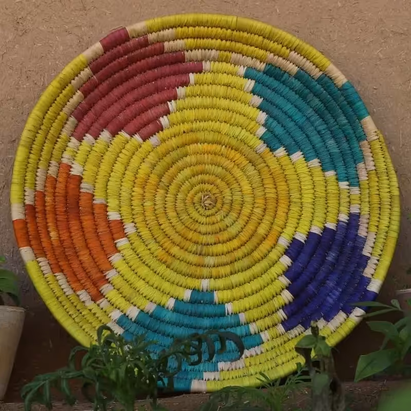 سینی حصیری رنگی طرحدار زرد 50 سانتی