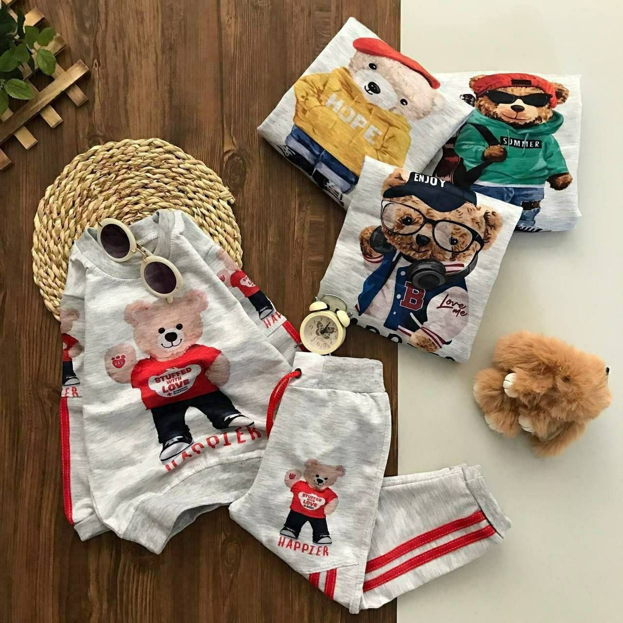 ست بلوز و شلوار دخترانه و پسرانه جنس ملانژ پنبه طرح تدی