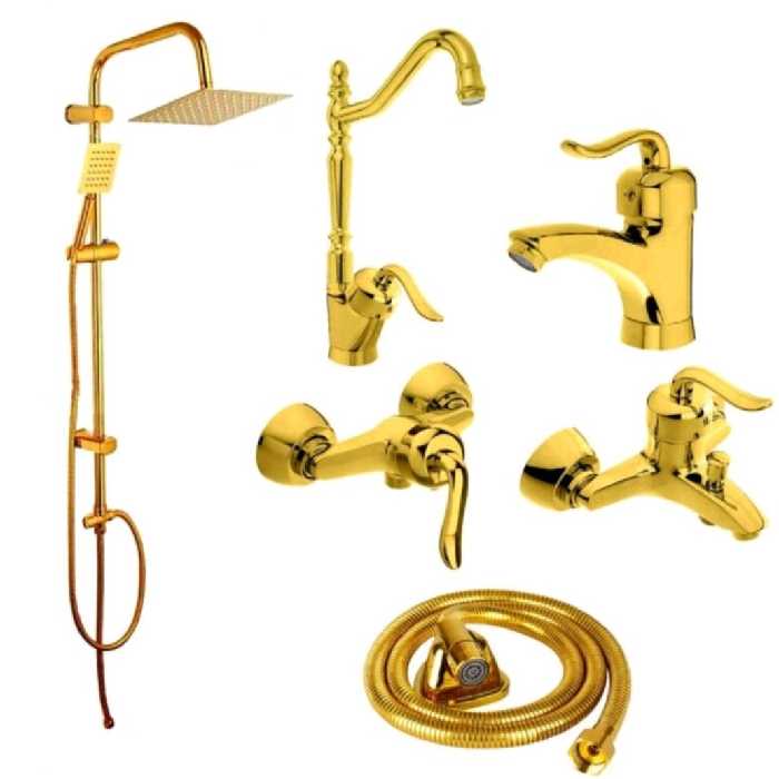 ست شیرالات ساختمان رنگ طلا بهمراه علم دوش دوکاره و شلنگ توالت جنس درجه 1 و استاندارد و دارای نشان ایزو 9001