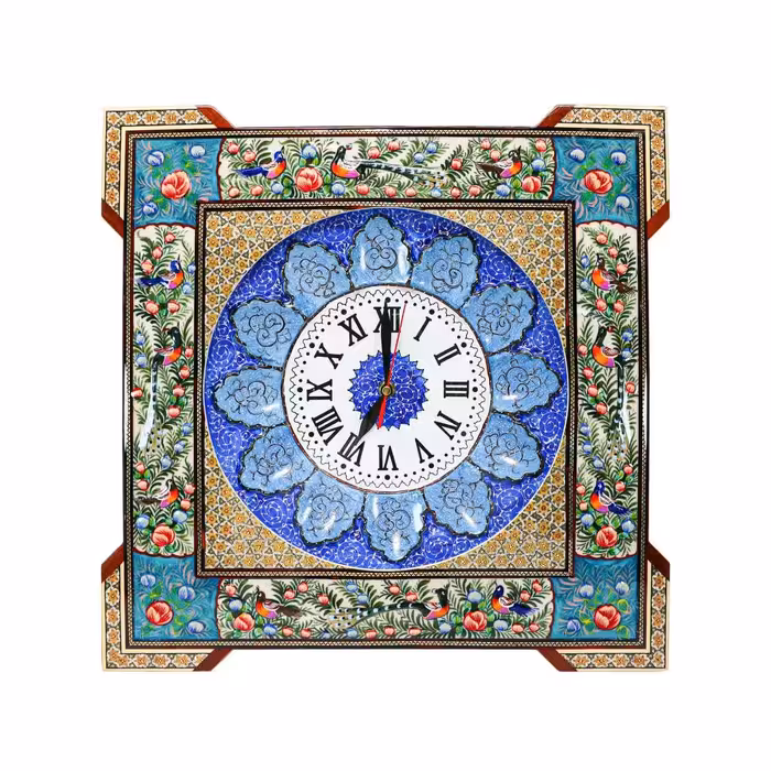 ساعت چهارگوش خاتم کاری مدل گل و مرغ سبز برجسته(28)(گارانتی 120 ماهه)