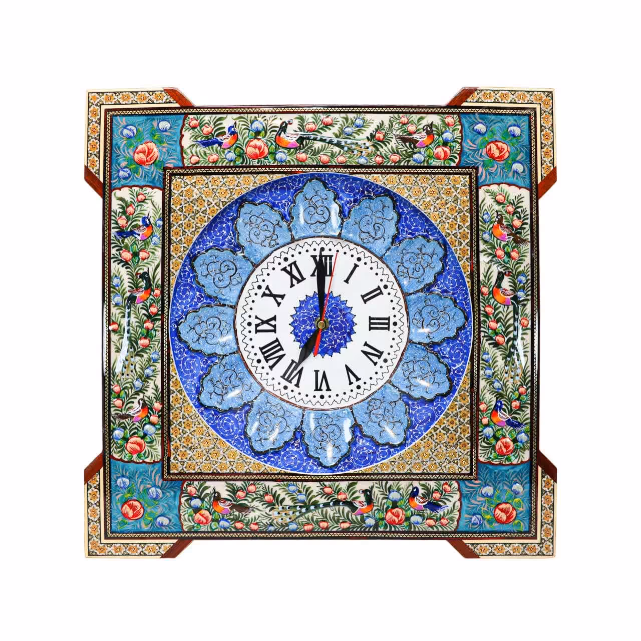 ساعت چهارگوش خاتم کاری مدل گل و مرغ سبز برجسته(28)(گارانتی 120 ماهه)