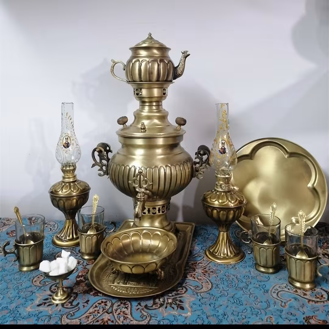 ست کامل سماور ذغالی زغالی برنجی اعلا نانو شده قیمت مناسب  افخورده عید فطر (کل عکس همه با هم ) 