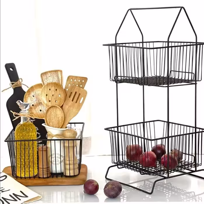 سبد پیاز و سیب زمینی دو طبقه دسته دار. جای پیاز و سیب زمینی دو طبقه، سبد پیاز و سیب زمینی فلزی