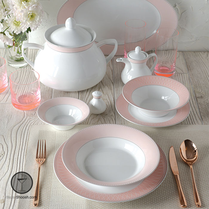 سرویس غذاخوری 12 نفره ژانتی صورتی 108 پارچه سری شهرزاد چینی زرین درجه یک