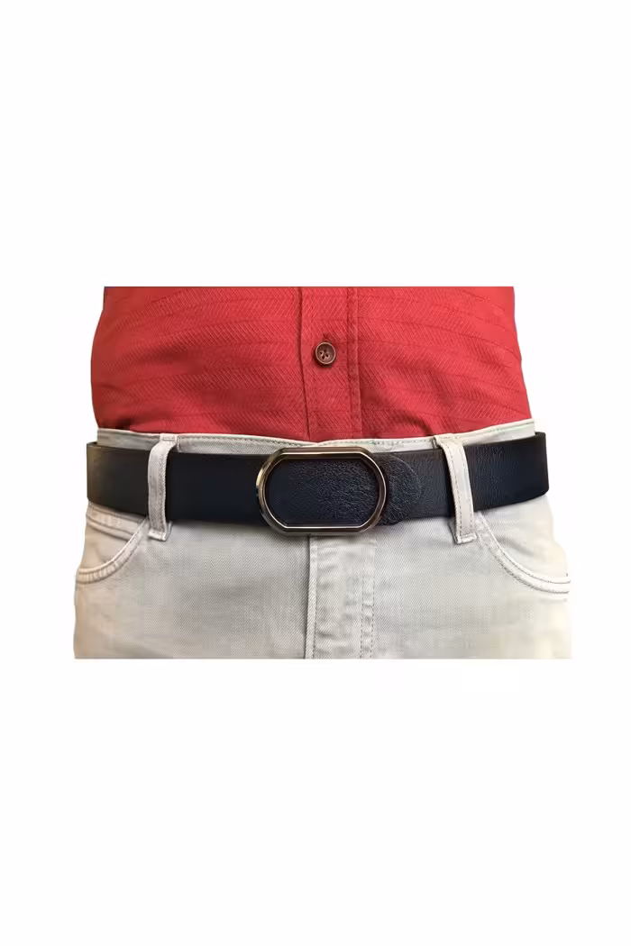 کمربند آبی مردانه و زنانه چرم اصل جدید سرمه ای بادوام با سگک نیکل مشکی بیضی شکل 4 سانتی متری GoDeri