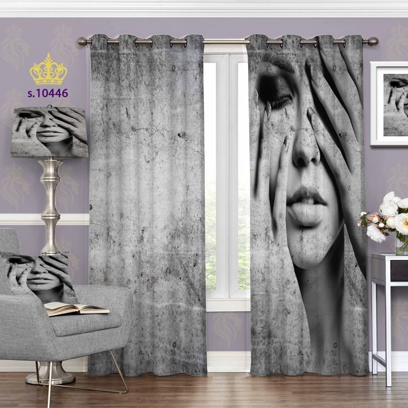 پرده اتاق خواب  دو قواره پانچ آماده طرح چهره سیاه سفید کد S10446