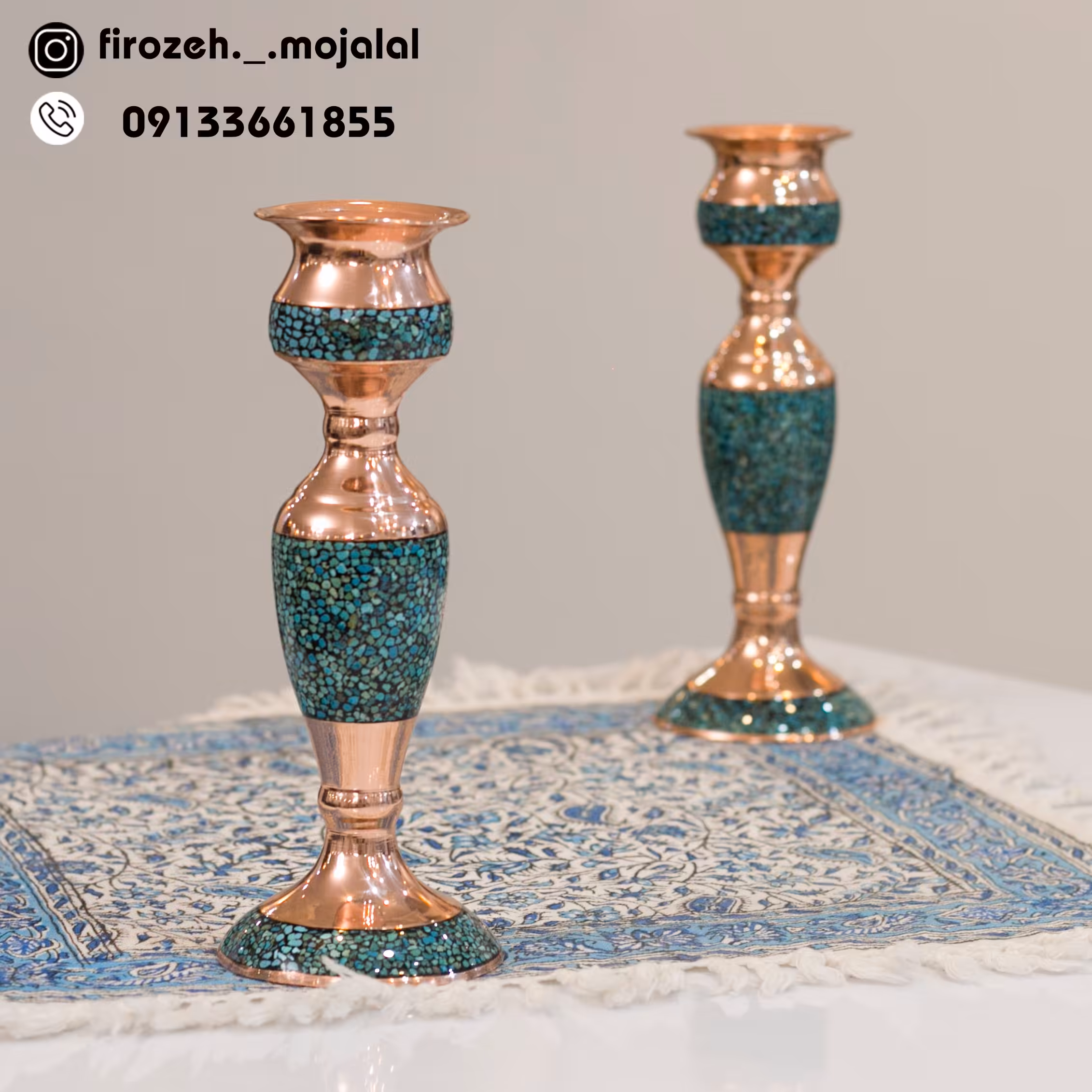 جفت شمعدان مسی فیروزه کوبی 20 سانتی متر
