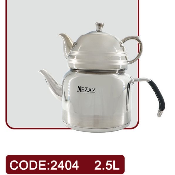 کتری قوری نزاز2.5 لیتر لوله دار قوری کروم کد 2404