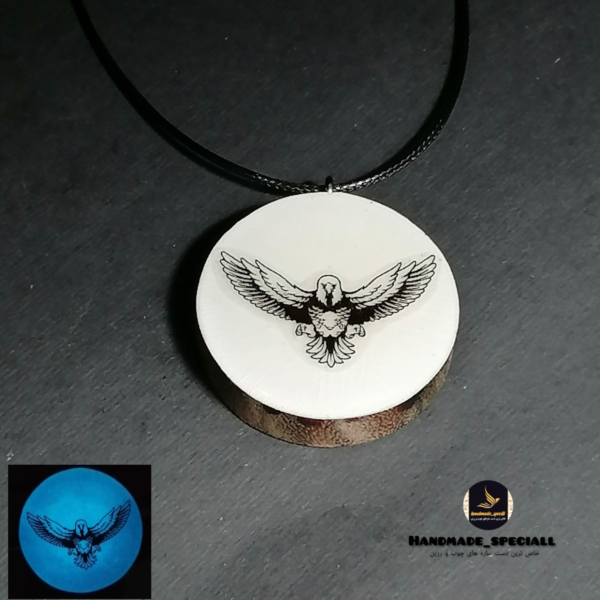 گردنبندچوب و رزین شب تاب طرح عقاب(دستساز) خاص ترین دست سازه های چوب و رزین آویز شب تاب هدیه ماندگار عیدی متفاوت