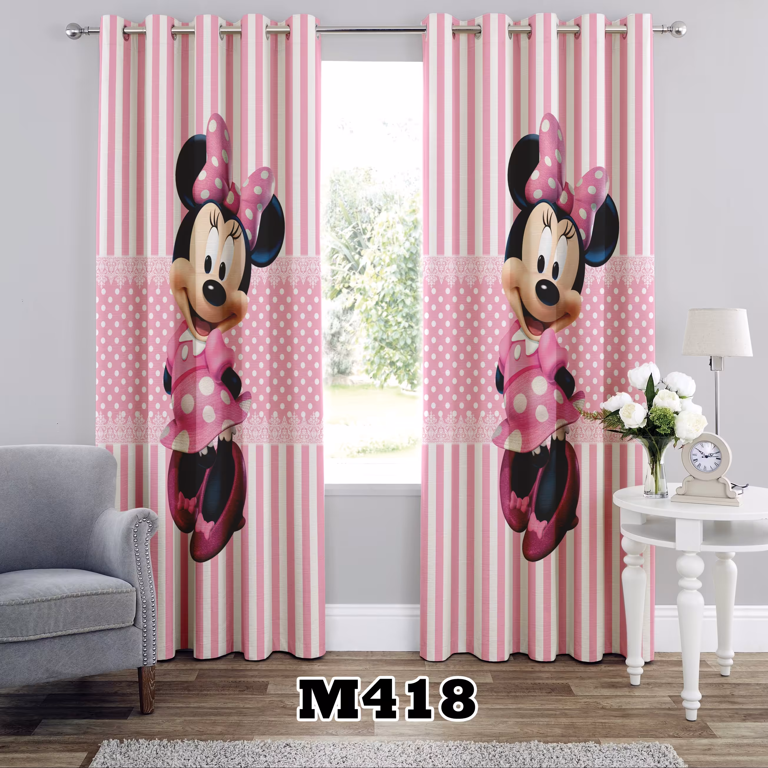 پرده چاپی طرح میکی ماوس دخترانه کد M418 تک قواره ارتفاع 300 عرض 140 سانت