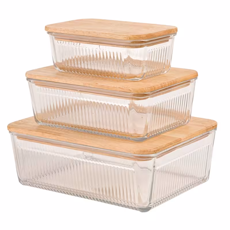 ست ظرف شیشه ای مستطیل شیاردار لیمون درب چوبی