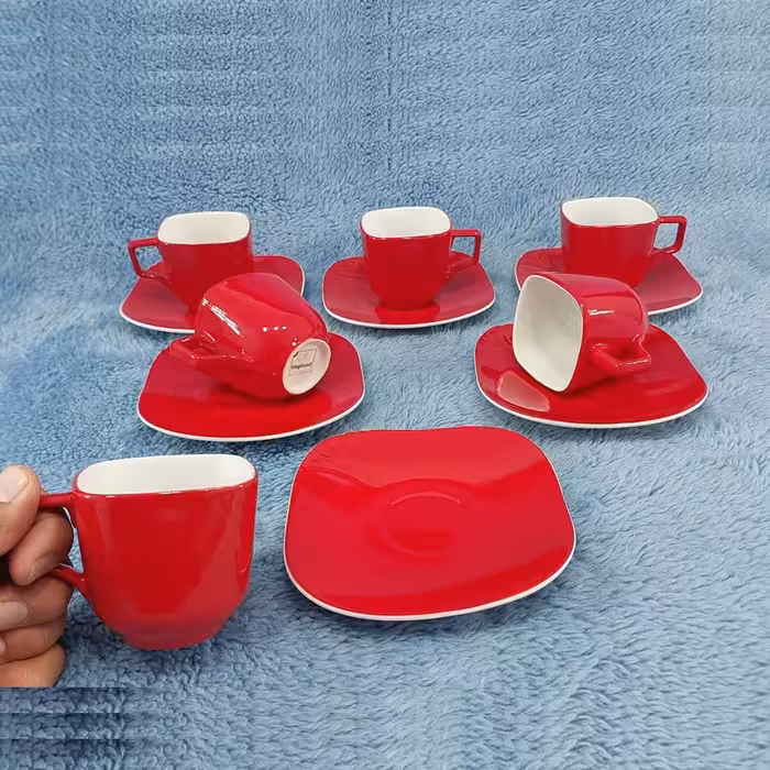 ست فنجان و نعلبکی چینی مقصود مدل 4گوش قرمز 