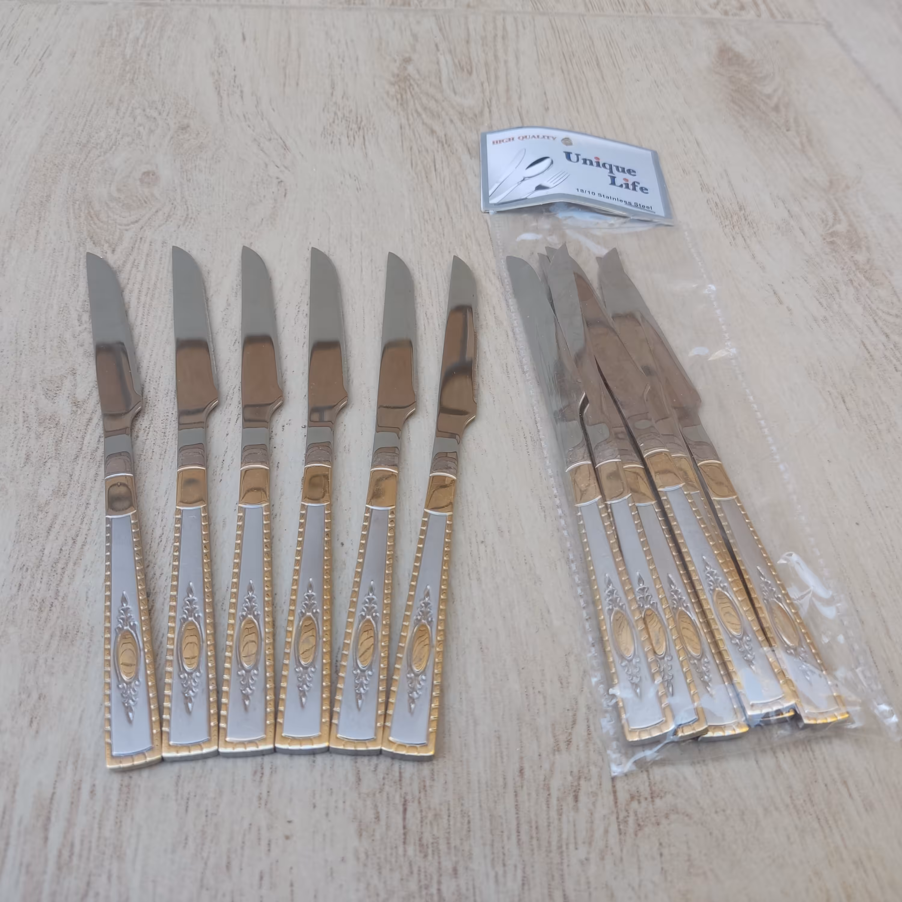 کارد میوه خوری طلایی مارک یونیک لایف Unique life  بسته 6 عددی طول 18سانت و ضخامت 4 میل . چاقو میوه خوری 