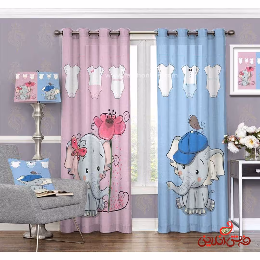 پرده 2عددی کودک طرح فیل های آبی و صورتی کد 3144