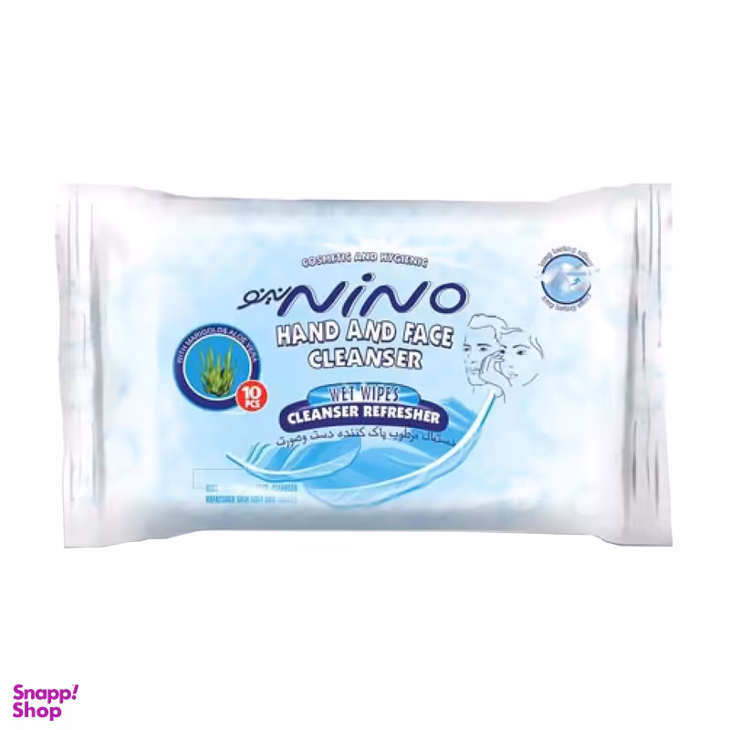 دستمال مرطوب پاک کننده نینو (Nino) مخصوص دست و صورت بسته 10 عددی