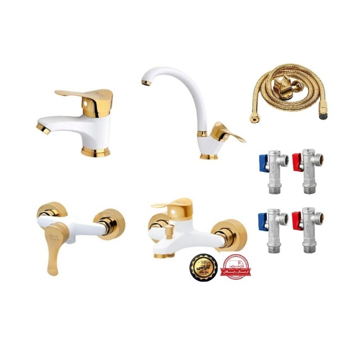 ست کامل 9تایی شیر اهرمی آلات طلایی با شلنگ توالت و4عدد شیرپیستوار 