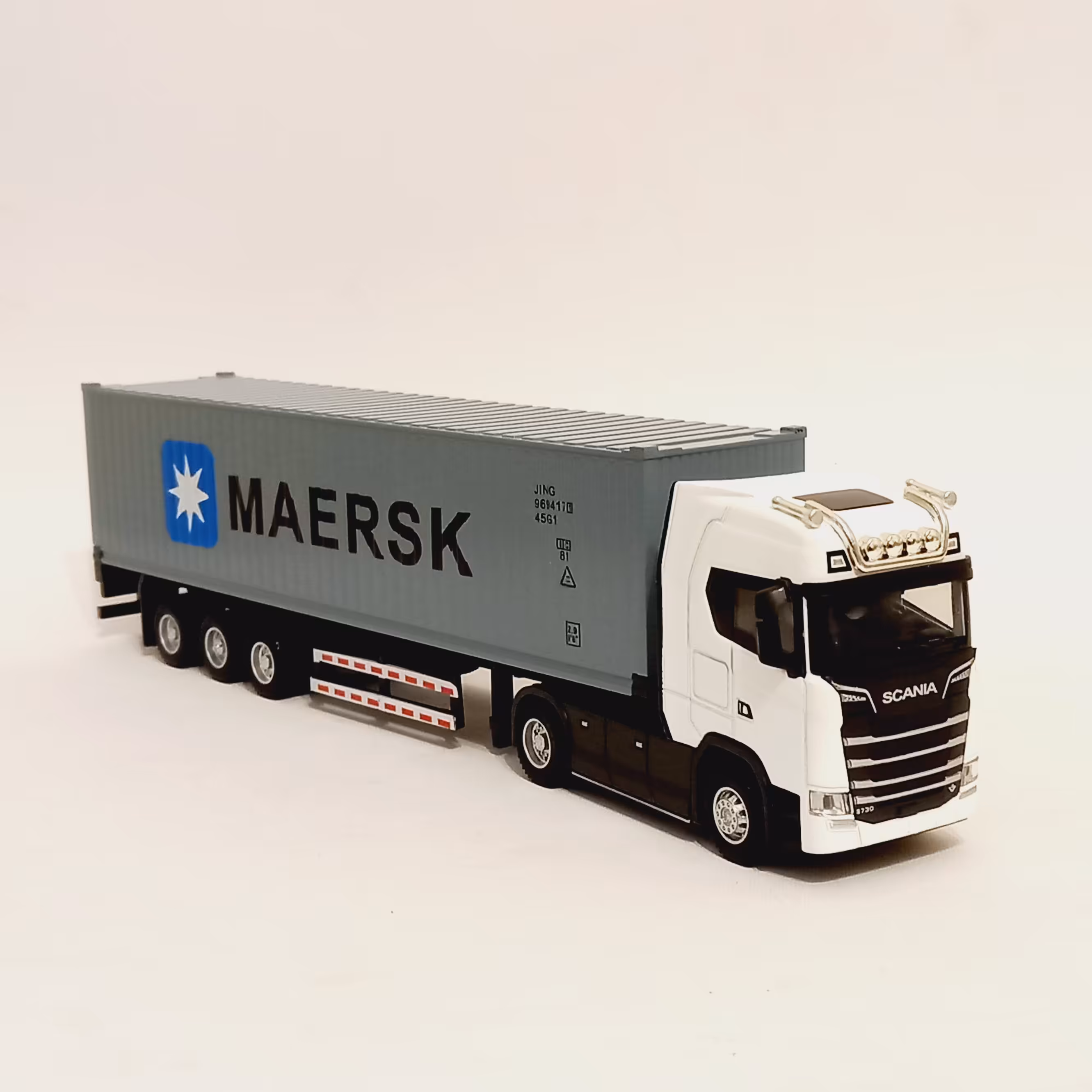 ماکت کشنده اسکانیا کانتینر دار مقیاس یک پنجاه رنگ سفید طول 31 سانتی متر طرح 1