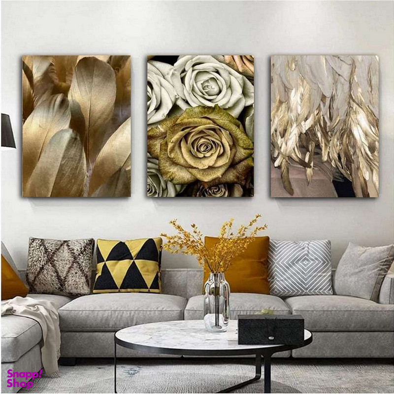 تابلو شاسی بکلیت طرح دکوراتیو گل و برگ طلایی مدل SH-332 مجموعه 3 عددی